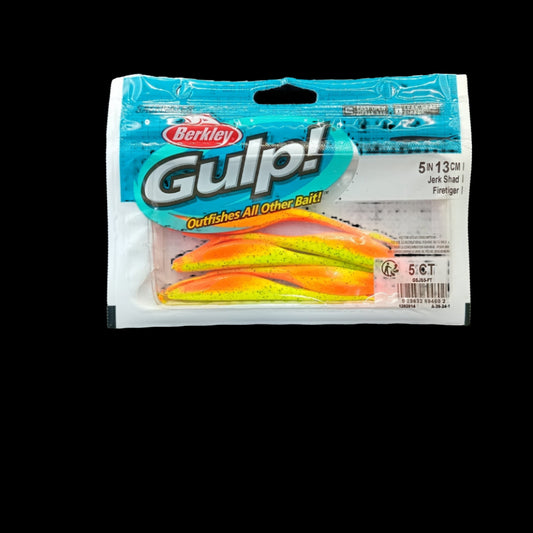 Berkley Gulp! 5" Jerk Shad in Fire Tiger – brightly coloured soft bait with darting action and scent dispersion.