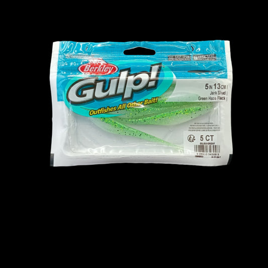 Berkley Gulp! 5" Jerk Shad in Green Haze Fleck – natural green softbait with flecked flash and scented attraction.