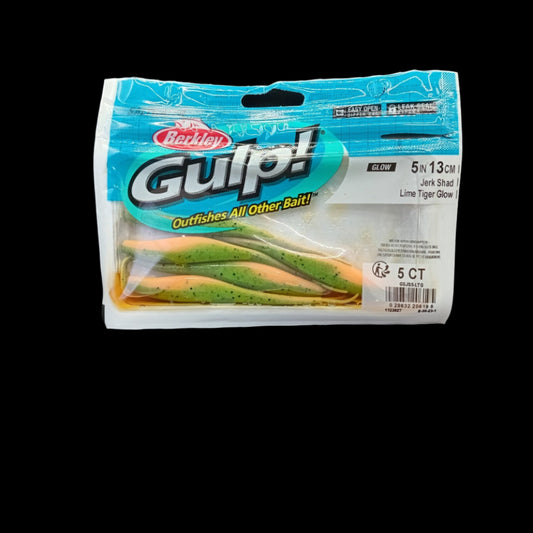 Berkley Gulp! 5" Jerk Shad in Lime Tiger Glow – glow-in-the-dark soft bait with darting action and scented attractant.
