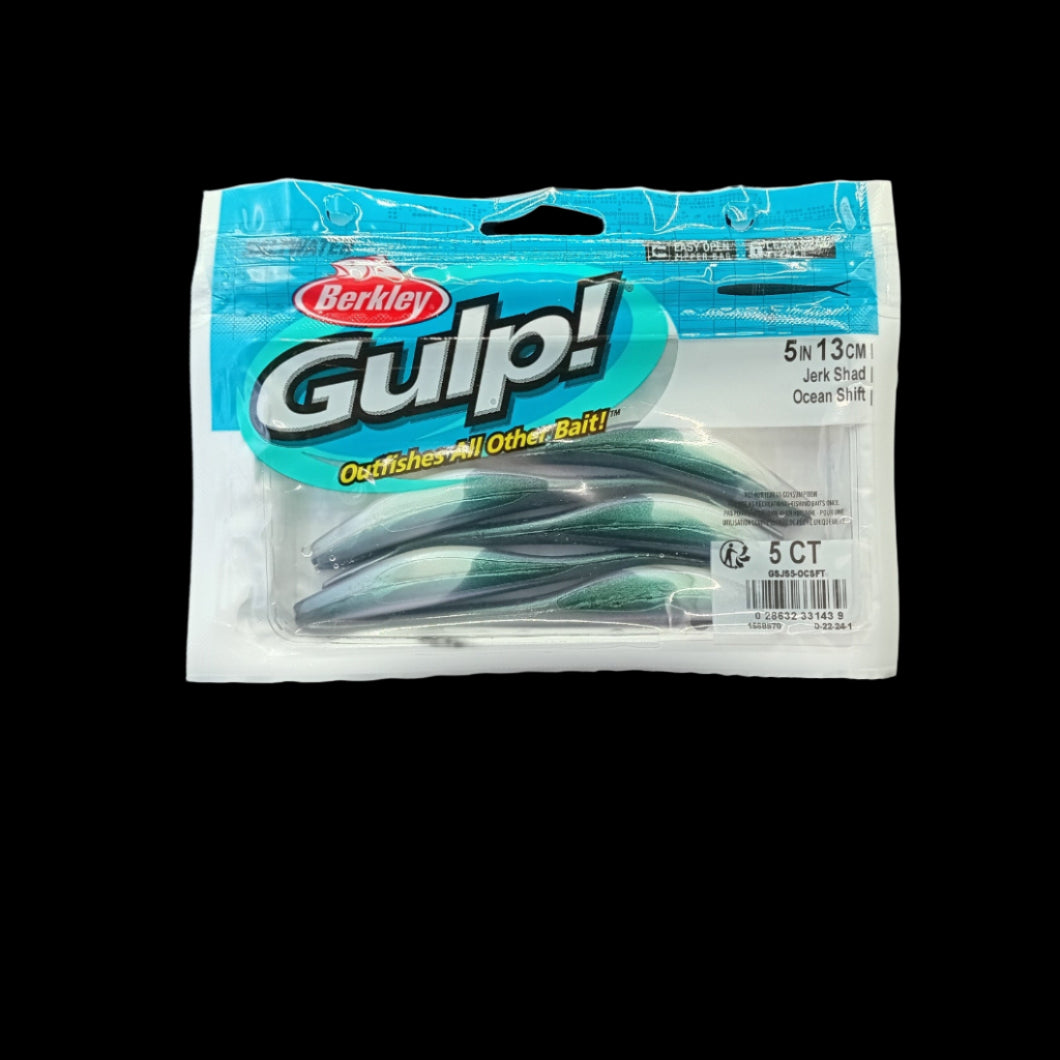 Berkley Gulp! 5" Jerk Shad in Ocean Shift – bright blue softbait with darting action and Gulp scent technology.