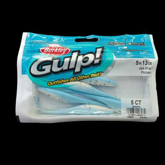 Berkley Gulp! 5" Jerk Shad in Pilchard – silver-blue softbait designed to mimic real baitfish with scent dispersion.