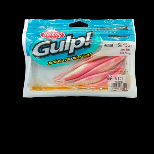 Berkley Gulp! 5" Jerk Shad in Pink Shine – scented soft jerk bait with bright pink flash and erratic baitfish action.