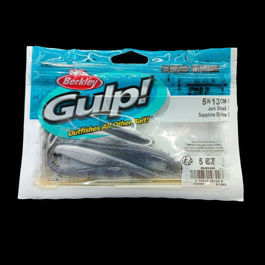 Berkley Gulp! 5" Jerk Shad in Sapphire Shine – bright blue softbait with shimmer and Gulp scent dispersion.
