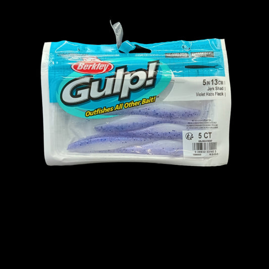 Berkley Gulp! 5" Jerk Shad in Violet Haze Fleck – scented softbait with natural shimmer and darting baitfish action.