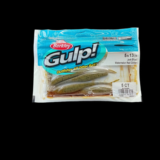 Berkley Gulp! 5" Jerk Shad in Watermelon Red Glitter – softbait with natural green tone, red sparkle, and irresistible scent.