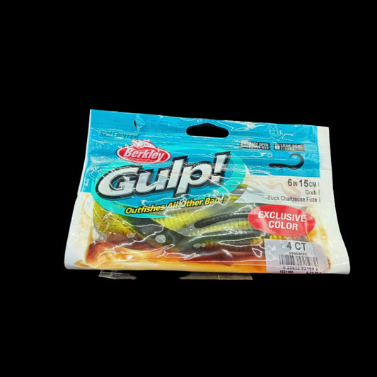 Berkley Gulp! 6" Grub in Black Chartreuse Fuze – scented soft bait with high-contrast colour and curly tail action for big predatory fish.