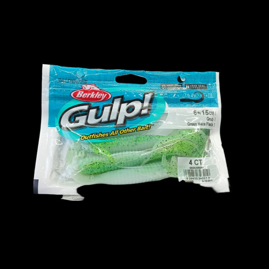 Berkley Gulp! 6" Grub in Green Haze Fleck – soft bait with subtle green sparkle and scented curly tail action for snapper and kingfish.