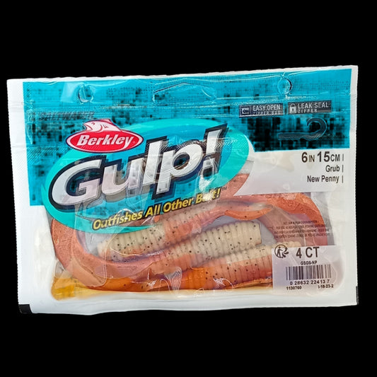 Berkley Gulp! 6" Grub in New Penny – copper-brown softbait with curly tail and scent dispersion.