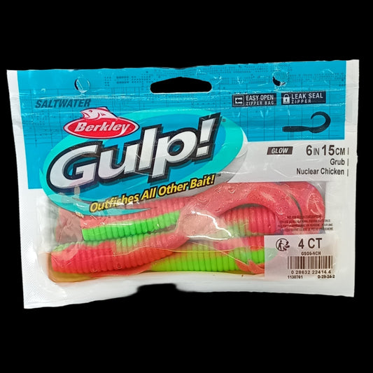 Berkley Gulp! 6" Grub in Nuclear Chicken – bright green and pink softbait with curly tail and powerful scent.