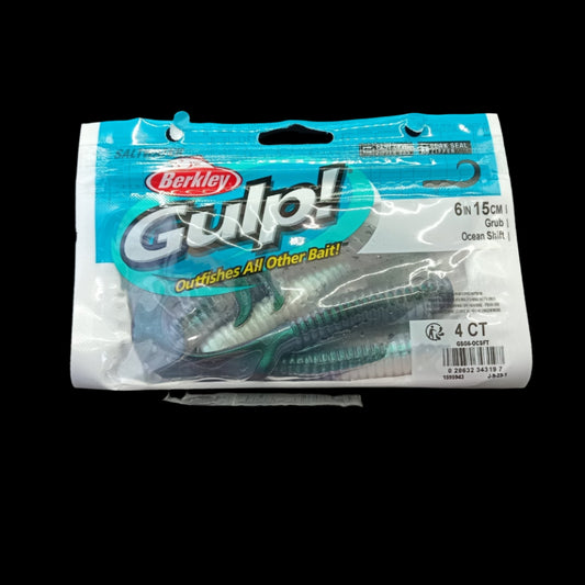 Berkley Gulp! 6" Grub in Ocean Shift – soft bait with colour-shifting finish, curly tail action, and strong scent for snapper and kingfish.