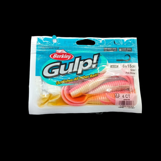 Berkley Gulp! 6" Grub in Pink Shine – scented soft bait with bright pink shimmer and curly tail for big snapper and kingfish.