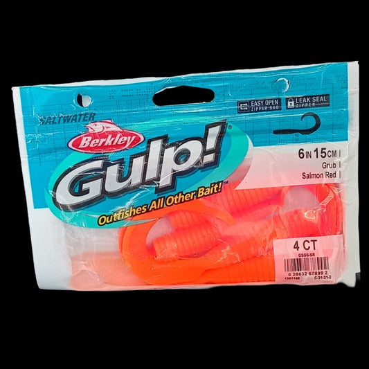 Berkley Gulp! 6" Grub in Salmon Red – pink-red softbait with curly tail and scent dispersion.