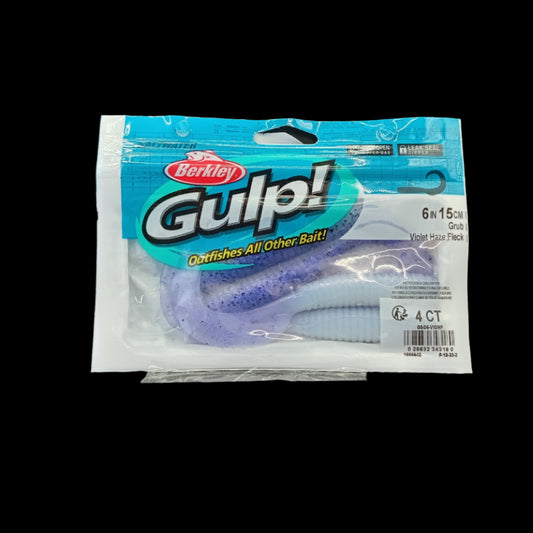 Berkley Gulp! 6" Grub in Violet Haze Fleck – scented soft bait with purple shimmer and curly tail action for targeting predatory fish.