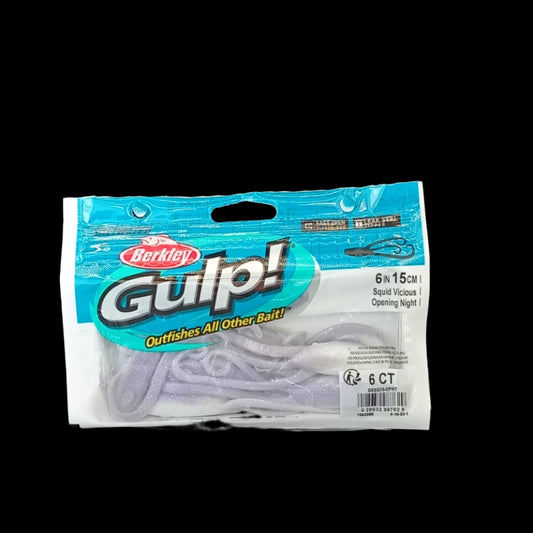 Berkley Gulp! 6" Squid Vicious in Opening Night – pink and purple squid softbait with flexible tentacles and scent.