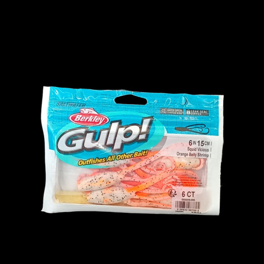  Berkley Gulp! 6" Squid Vicious in Orange Belly Shrimp – shrimp-coloured squid softbait with flexible tentacles and scent dispersion.