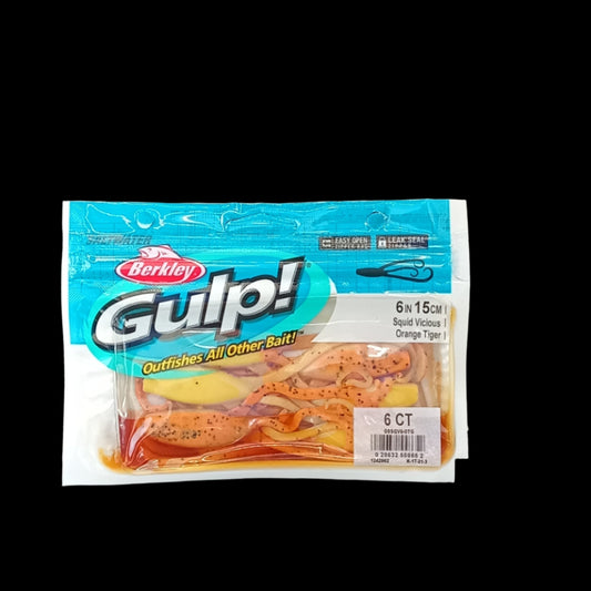 Berkley Gulp! 6" Squid Vicious in Orange Tiger – bright orange squid softbait with black tiger stripes and flexible tentacles.