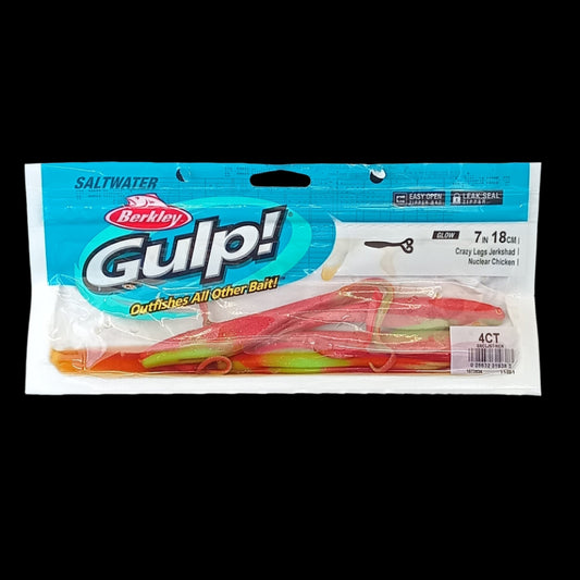 Berkley Gulp! 7" Crazy Legs in Nuclear Chicken – bright green and pink softbait with fluttering legs and scent dispersion.