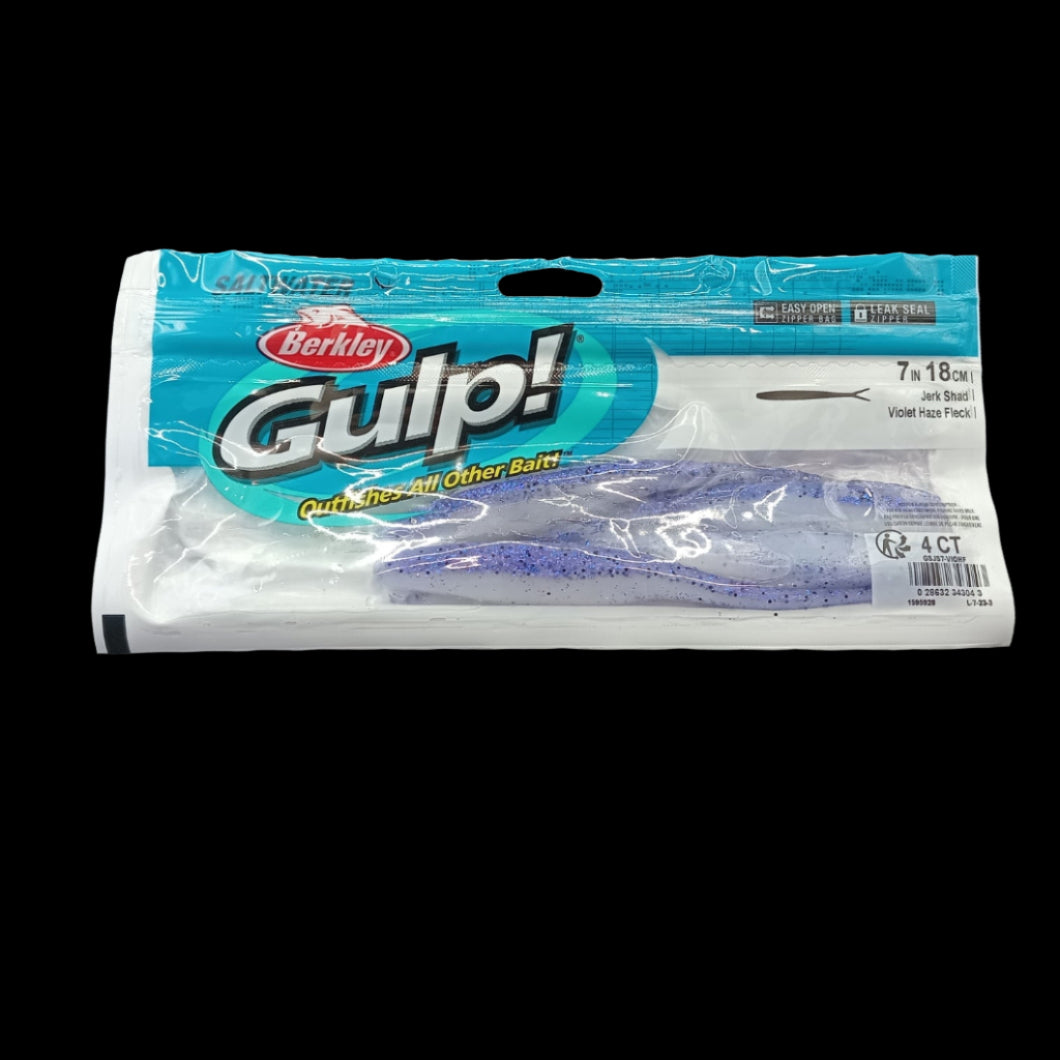 Berkley Gulp! 7" Jerk Shad in Violet Haze Fleck – purple softbait with glitter and scent dispersion for attracting large predators.