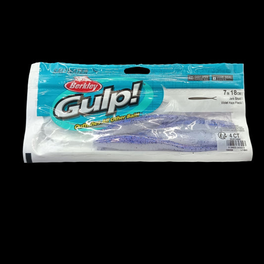 Berkley Gulp! 7" Jerk Shad in Violet Haze Fleck – purple softbait with glitter and scent dispersion for attracting large predators.