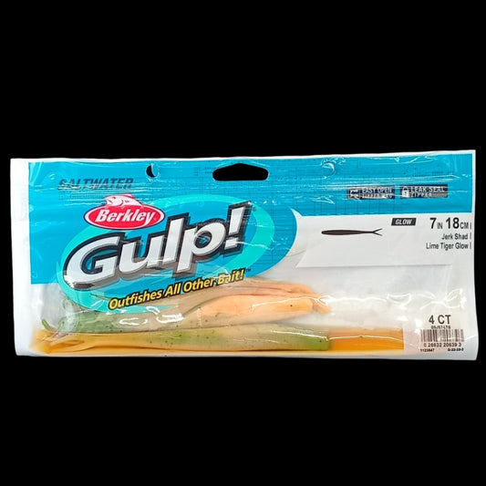 gulp jerk shad, lime tiger softbait, berkley gulp 7", bright soft plastic, kingfish lure, snapper bait, reef fishing softbait, berkley nz
