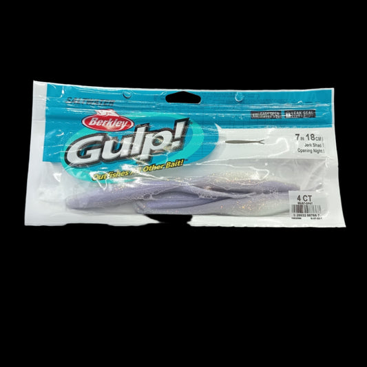 Berkley Gulp! 7" Jerk Shad in Opening Night – subtle grey softbait with lifelike action and powerful scent dispersion.

