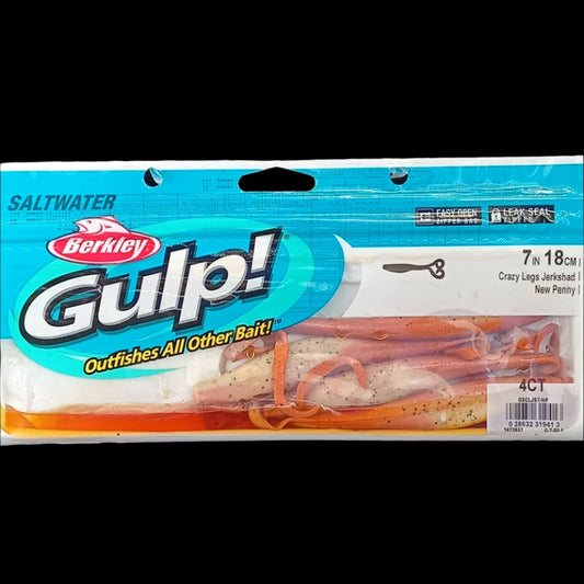 Berkley Gulp! 7" Crazy Legs in New Penny – natural copper-brown softbait with fluttering tails and scent dispersion.