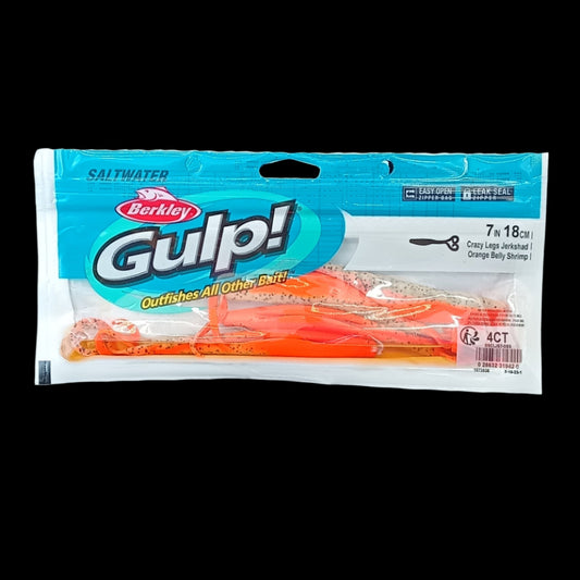 Berkley Gulp! 7" Crazy Legs in Orange Belly Shrimp – prawn-coloured softbait with fluttering twin legs and scent dispersion.