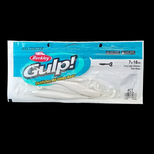 Berkley Gulp! 7" Crazy Legs in Pearl White – bright softbait with fluttering legs and scent dispersion for maximum fish attraction.
