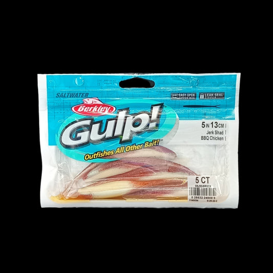 Berkley Gulp! 5" Jerk Shad in BBQ Chicken – high-contrast softbait with intense colour and erratic swimming action.