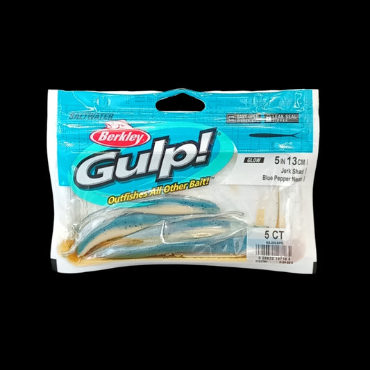  Berkley Gulp! 5" Jerk Shad in Blue Pepper Neon – glowing softbait with darting action and scent dispersion.