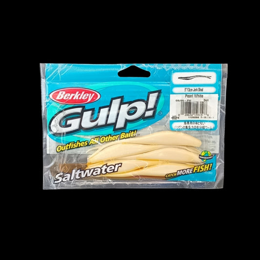 Berkley Gulp! 5" Jerk Shad in Pearl White – clean softbait with life like motion and scent dispersion for saltwater predators.