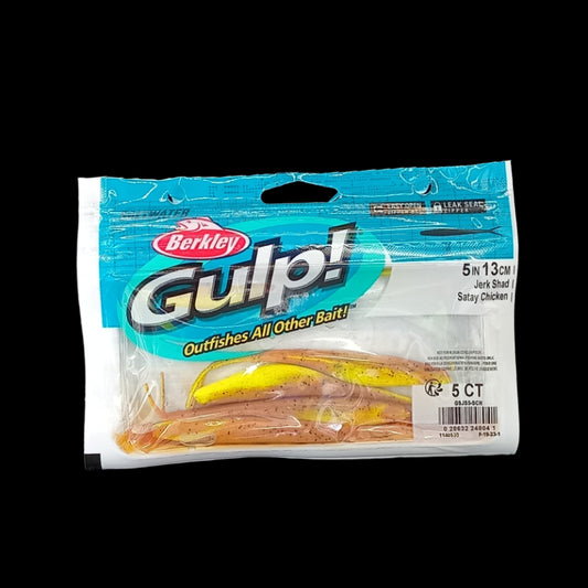 Berkley Gulp! 5" Jerk Shad in Satay Chicken – softbait with lifelike darting action and rich golden-brown colour.