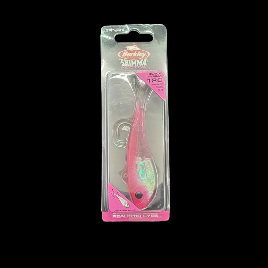 Berkley Shimma 120 soft bait in Black Tip Pink – 46.5g paddle tail lure with vibrant colour for snapper and kingfish.