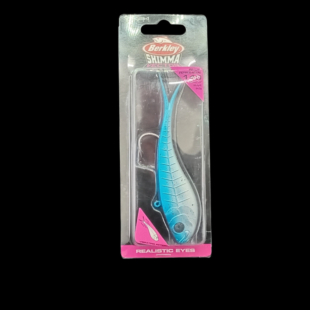 Berkley Shimma 140 in Blue Pepper Neon – 64.5g soft bait with bold colours and paddle tail action for targeting big predators.