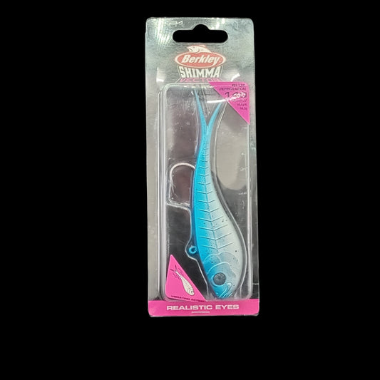 Berkley Shimma 140 in Blue Pepper Neon – 64.5g soft bait with bold colours and paddle tail action for targeting big predators.