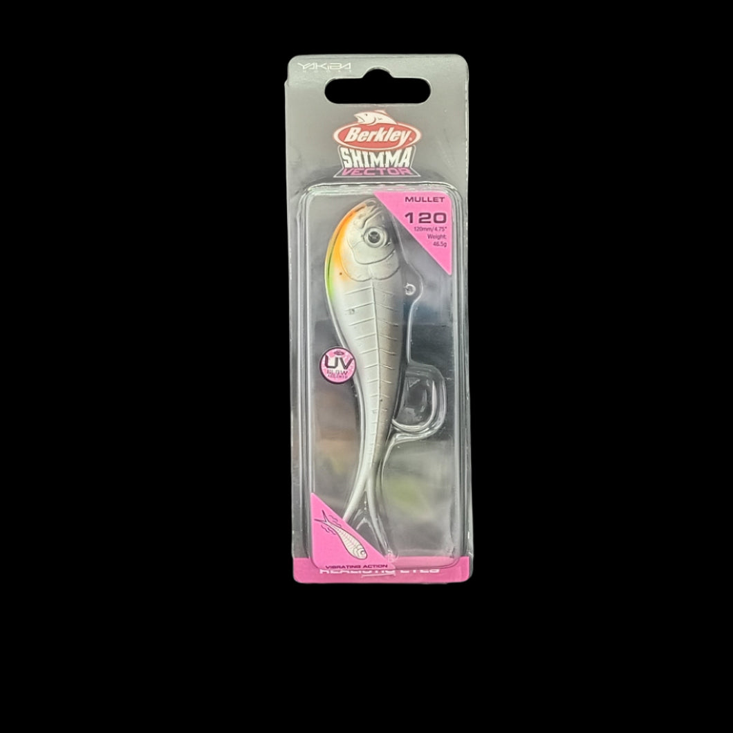 Berkley Shimma 120 soft bait in Mullet – 46.5g lure with realistic baitfish profile and paddle tail action for snapper and kingfish.