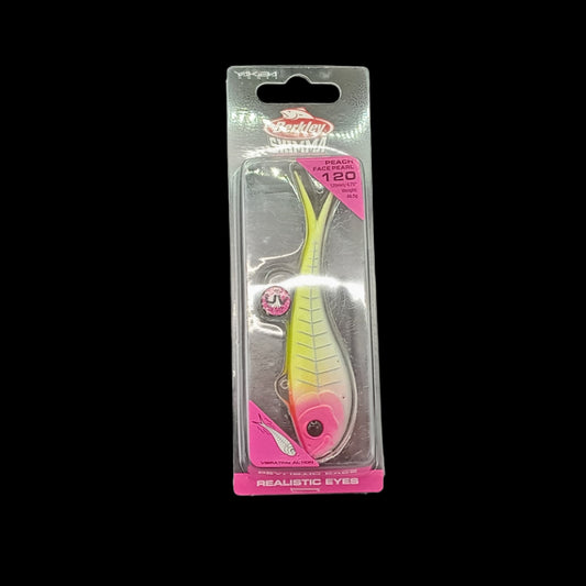 Berkley Shimma 120 soft bait in Peach – 46.5g lure with subtle colour and natural paddle tail action for snapper and kingfish.