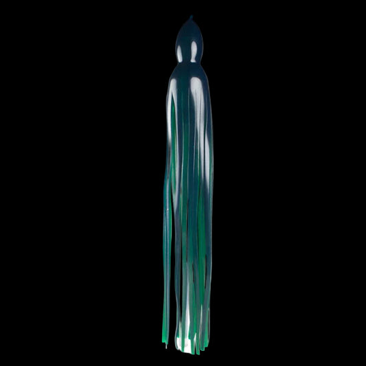 A green fishing skirt with a long tail, designed for use in fishing to attract fish. Blue Ocean 