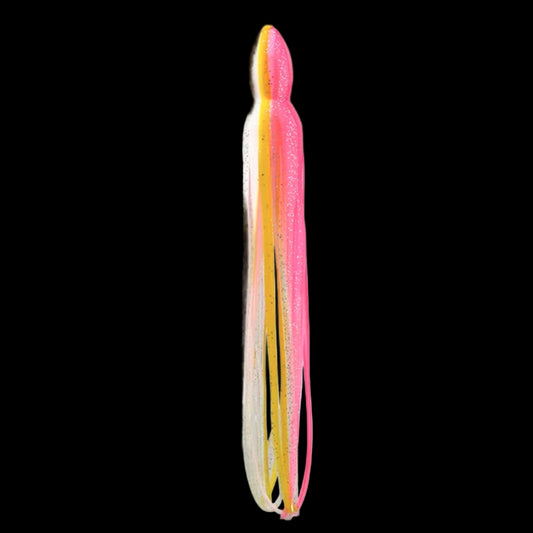 A brightly colored fishing skirt with pink and yellow strands, designed to fit skirt size 602.