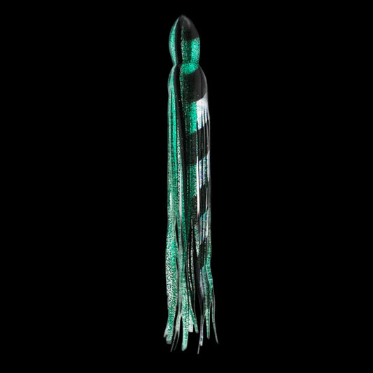 A long green and black striped fishing lure skirt.