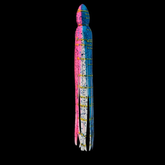 A multicolored fishing lure skirt with blue and pink shades, decorated with small blue and white dots.
