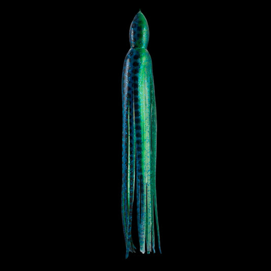 A green fishing lure skirt with blue and black accents.