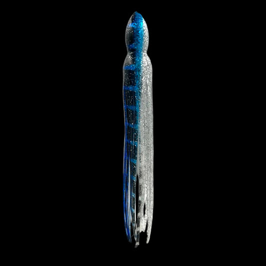 A blue ocean fishing lure skirt with blue and silver colors.