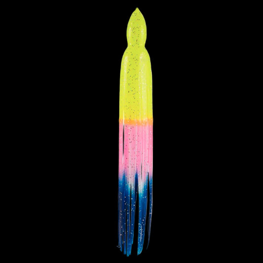 A multicolored fishing lure skirt with blue, pink, and yellow colors.