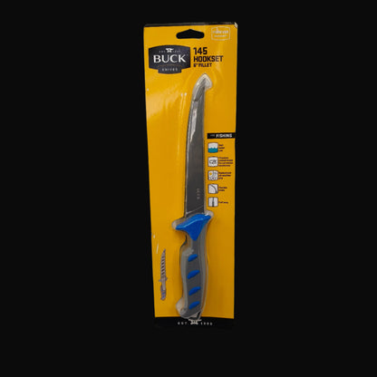 Buck 145 Hookset Fillet Knife with 6” stainless steel blade and blue non-slip handle.