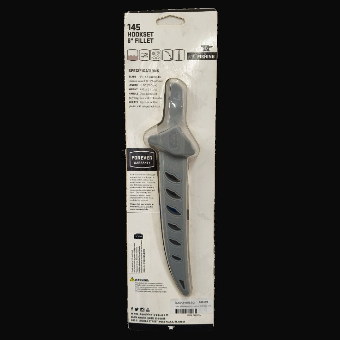 Buck 145 Hookset Fillet Knife with 6” stainless steel blade and blue non-slip handle.