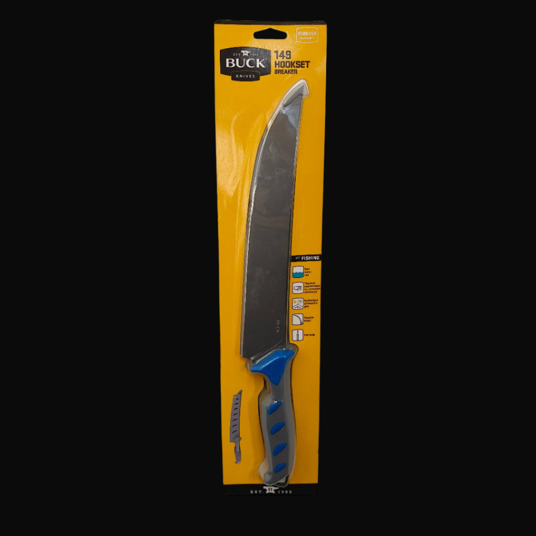 Buck 149 Hookset Saltwater Fillet Knife with 9.5” hi carbon stainless steel blade and blue non-slip handle.
