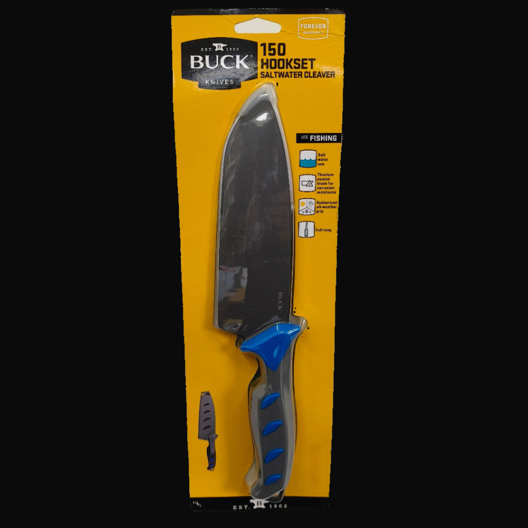 Buck 150 Hookset Saltwater Cleaver with corrosion-resistant stainless blade and blue non-slip handle.