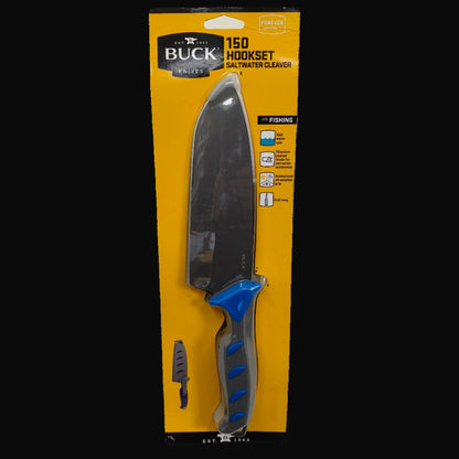 Buck 150 Hookset Saltwater Cleaver with corrosion-resistant stainless blade and blue non-slip handle.