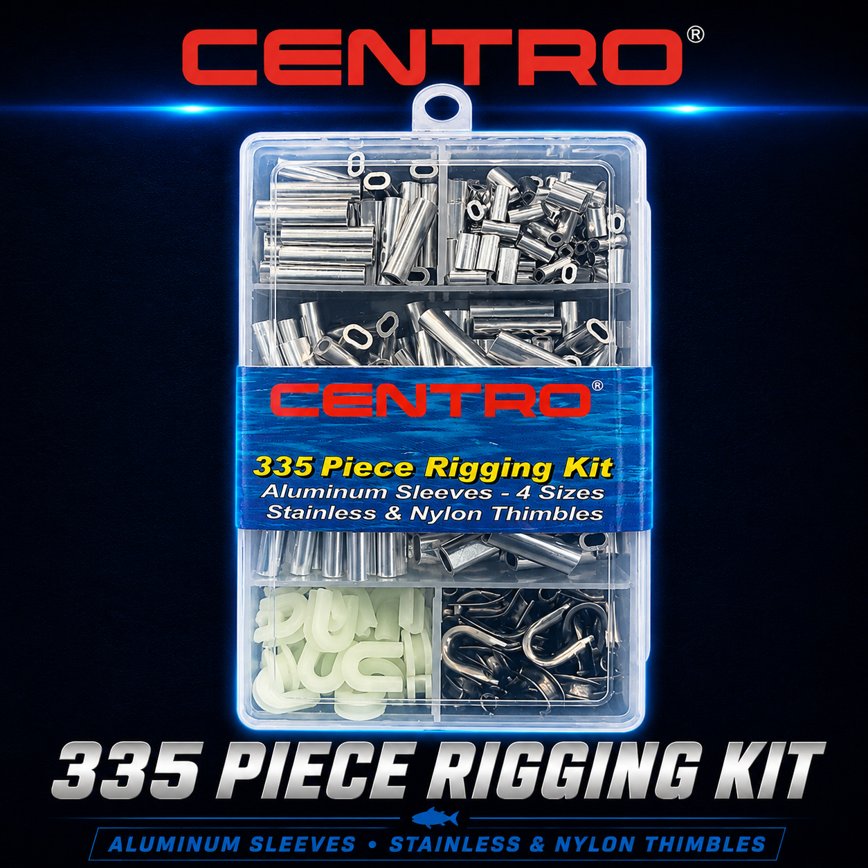 Centro 335 Piece Rigging Kit with aluminium crimp sleeves, stainless steel thimbles and nylon thimbles in a compartment storage case for rigging mono leaders and heavy-duty fishing traces.